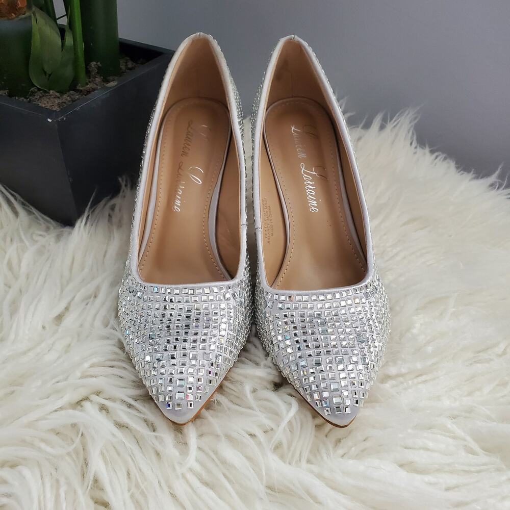 Lauren Lorraine Silver Rhinestone Embellished Pointed Toe Pumps 11